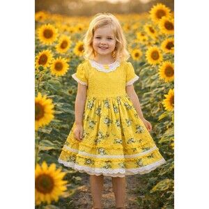 Matilda Jane Girls Yellow Floral Dress Size 4 Cottagecore Lace Ruffle Lined